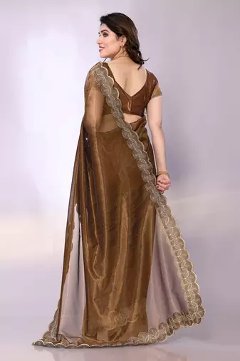 Brown embellished organza  saree with blouse piece