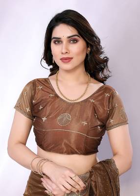Brown embellished organza  saree with blouse piece 5