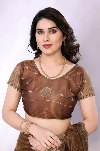 Brown embellished organza  saree with blouse piece