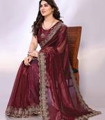 Maroon embellished organza  saree with blouse piece