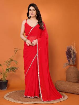 Red embellished pure georgette  saree with blouse piece 1