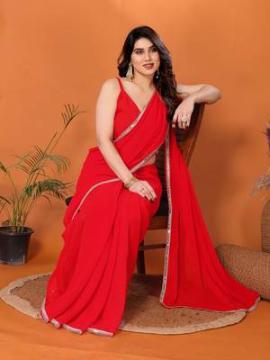 Red embellished pure georgette  saree with blouse piece 2