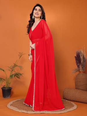 Red embellished pure georgette  saree with blouse piece 3