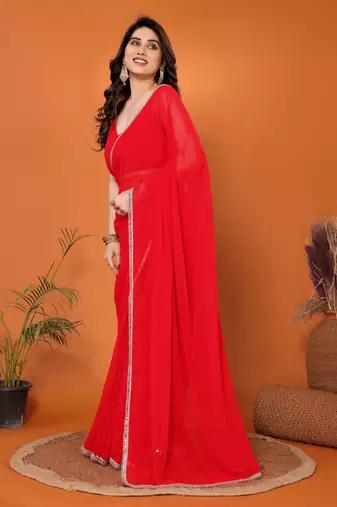 Red embellished pure georgette  saree with blouse piece
