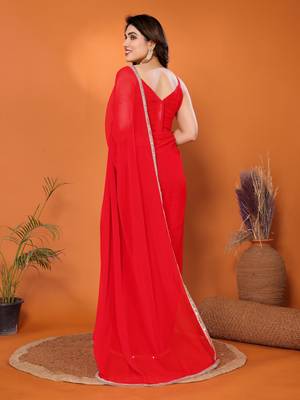 Red embellished pure georgette  saree with blouse piece 4