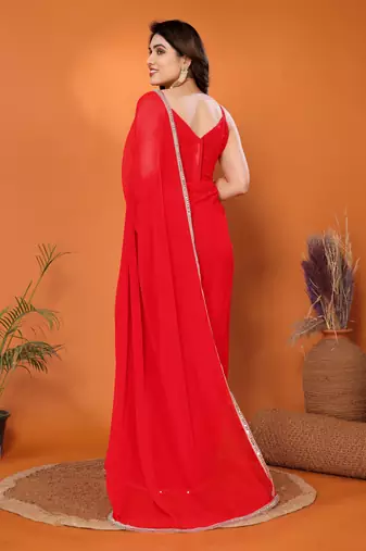 Red embellished pure georgette  saree with blouse piece