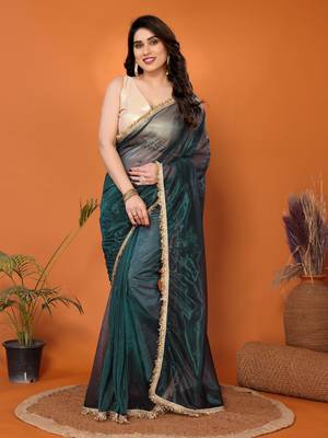 Green embellished organza  saree with blouse piece 1