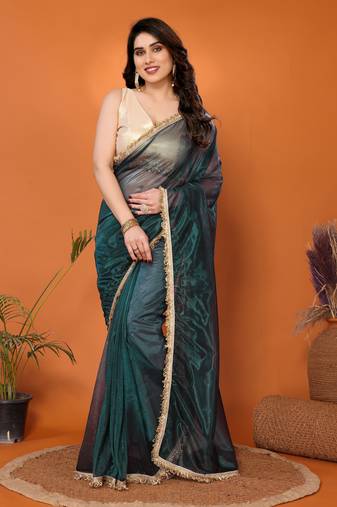 Green embellished organza  saree with blouse piece