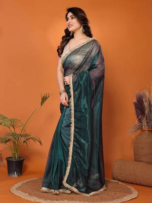 Green embellished organza  saree with blouse piece 2
