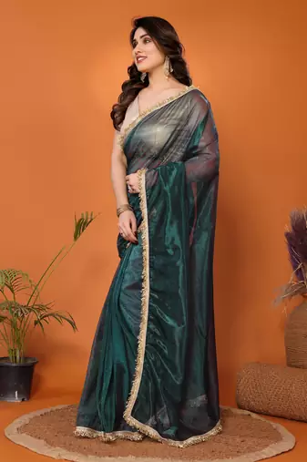 Green embellished organza  saree with blouse piece