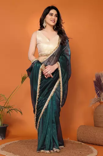 Green embellished organza  saree with blouse piece