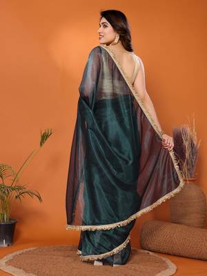 Green embellished organza  saree with blouse piece 4