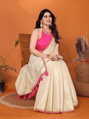 Cream embellished silk blend Saree with blouse piece 2