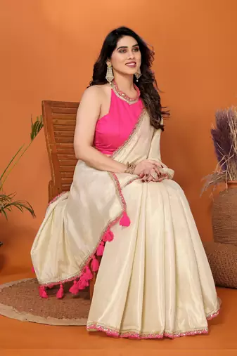 Cream embellished silk blend Saree with blouse piece