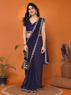 Navy embellished pure georgette with blouse piece 1