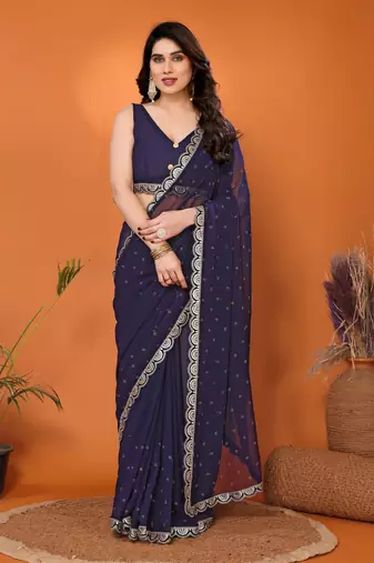 Navy embellished pure georgette with blouse piece