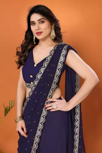 Navy embellished pure georgette with blouse piece