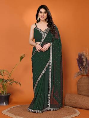 Green embellished pure georgette  saree with blouse piece 1