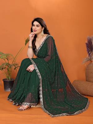 Green embellished pure georgette  saree with blouse piece 2