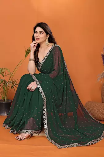 Green embellished pure georgette  saree with blouse piece