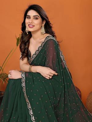 Green embellished pure georgette  saree with blouse piece 3