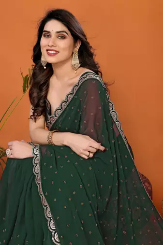 Green embellished pure georgette  saree with blouse piece