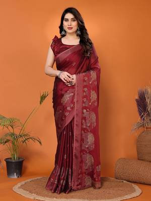 Maroon embellished poly chiffon  saree with blouse piece 1