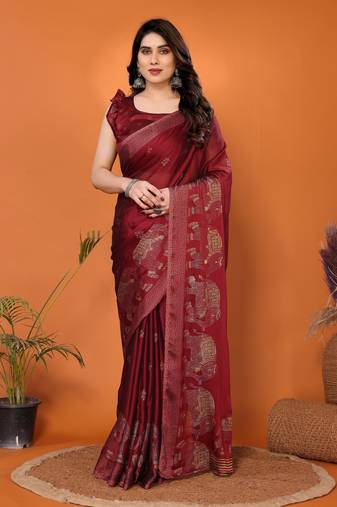Maroon embellished poly chiffon  saree with blouse piece