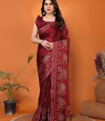 Maroon embellished poly chiffon  saree with blouse piece