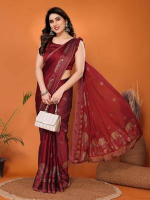 Maroon embellished poly chiffon  saree with blouse piece 2