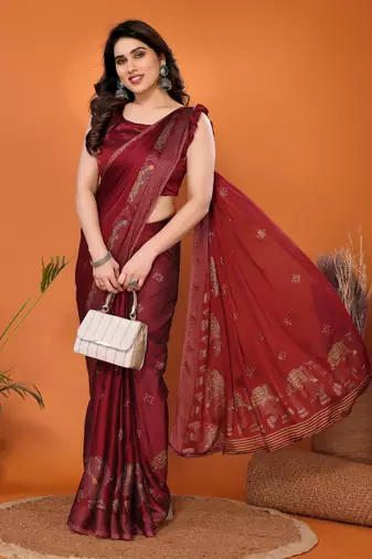 Maroon embellished poly chiffon  saree with blouse piece