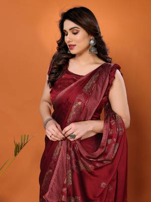 Maroon embellished poly chiffon  saree with blouse piece 3