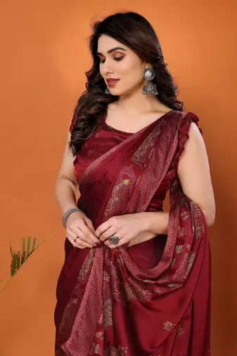 Maroon embellished poly chiffon  saree with blouse piece