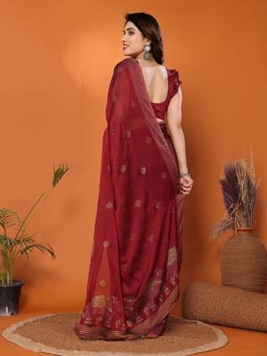 Maroon embellished poly chiffon  saree with blouse piece 4