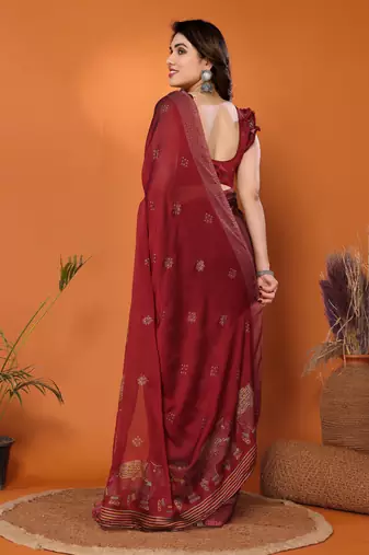 Maroon embellished poly chiffon  saree with blouse piece