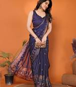 Navy embellished poly chiffon  saree with blouse piece