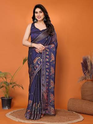 Navy embellished poly chiffon  saree with blouse piece 2