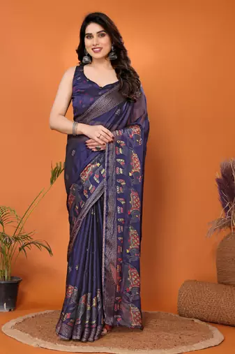 Navy embellished poly chiffon  saree with blouse piece