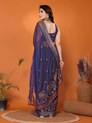 Navy embellished poly chiffon  saree with blouse piece 3