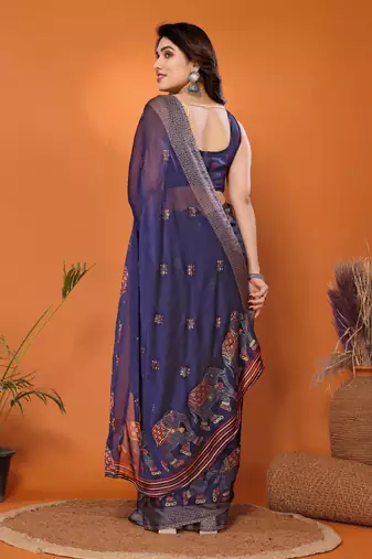 Navy embellished poly chiffon  saree with blouse piece