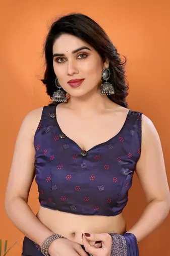 Navy embellished poly chiffon  saree with blouse piece