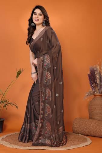Brown embellished poly chiffon  saree with blouse piece