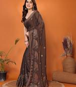 Brown embellished poly chiffon  saree with blouse piece