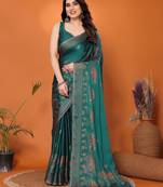Sea green embellished poly chiffon  saree with blouse piece
