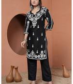 women's black premium heavy rayon chikankari lucknowi embroidery solid