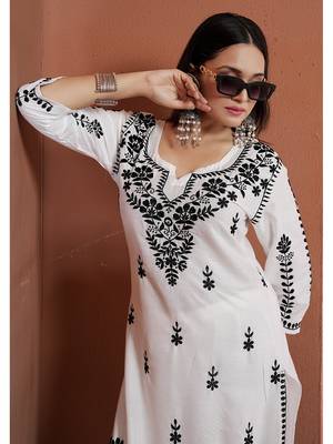 women's white premium heavy rayon chikankari lucknowi embroidery solid 1