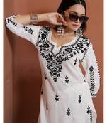 women's white premium heavy rayon chikankari lucknowi embroidery solid