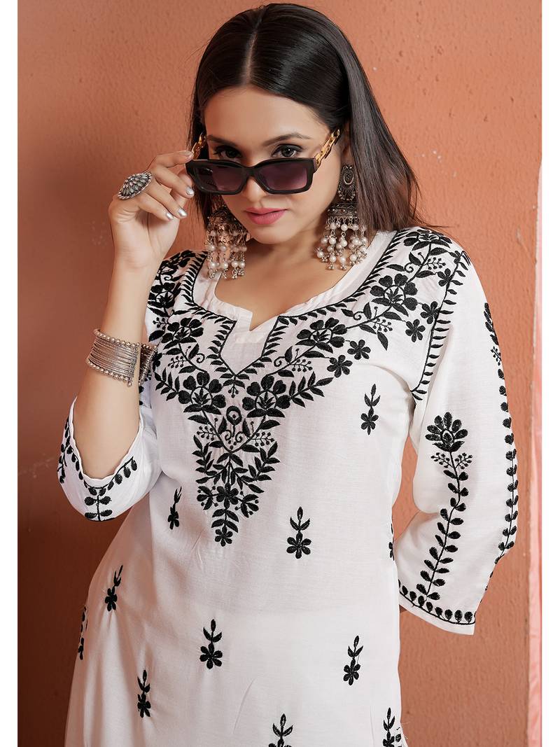 women's white premium heavy rayon chikankari lucknowi embroidery solid