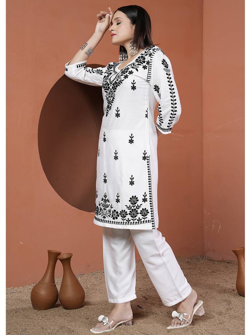 women's white premium heavy rayon chikankari lucknowi embroidery solid