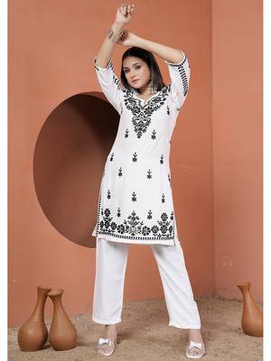 women's white premium heavy rayon chikankari lucknowi embroidery solid 4